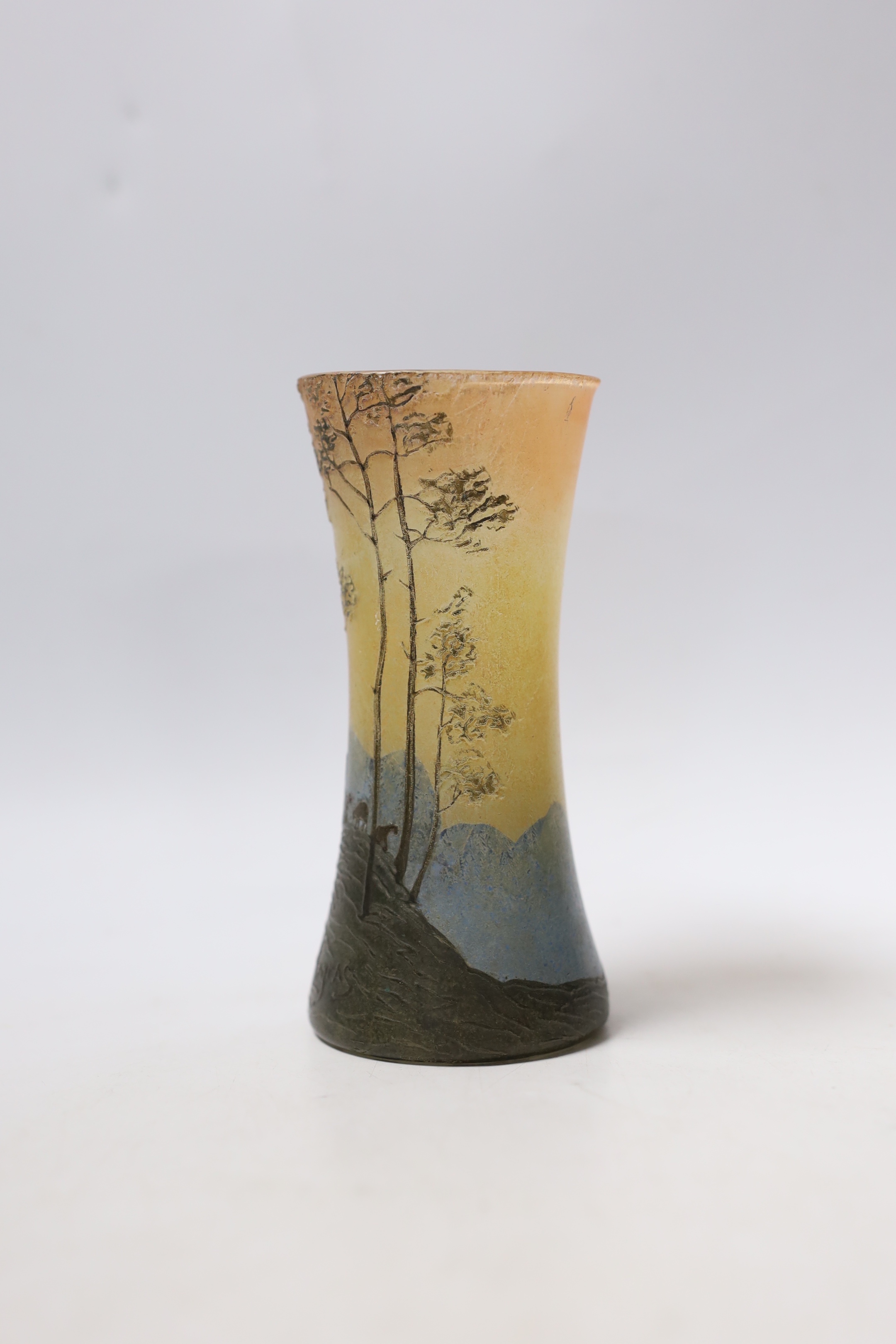 A Legras glass cameo vase of sheep grazing on a hillside, 14cm